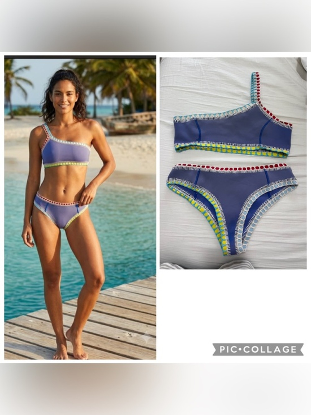 KIINI One-Shoulder Lavender Bikini with Multicolor Crochet Trim size M